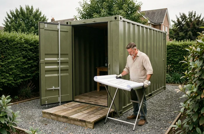 Homme examinant des plans d'architecte devant un abri de jardin en conteneur maritime vert olive avec terrasse en bois