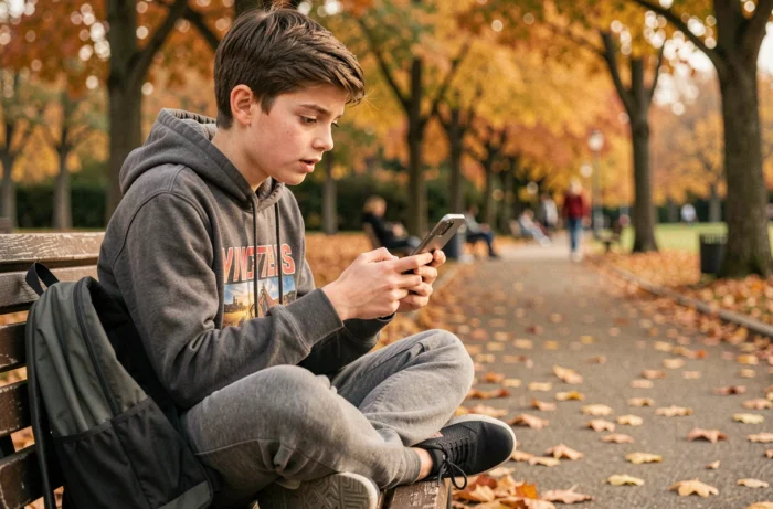 Adolescent regardant une vidéo d'actualité insolite sur son smartphone dans un parc en automne