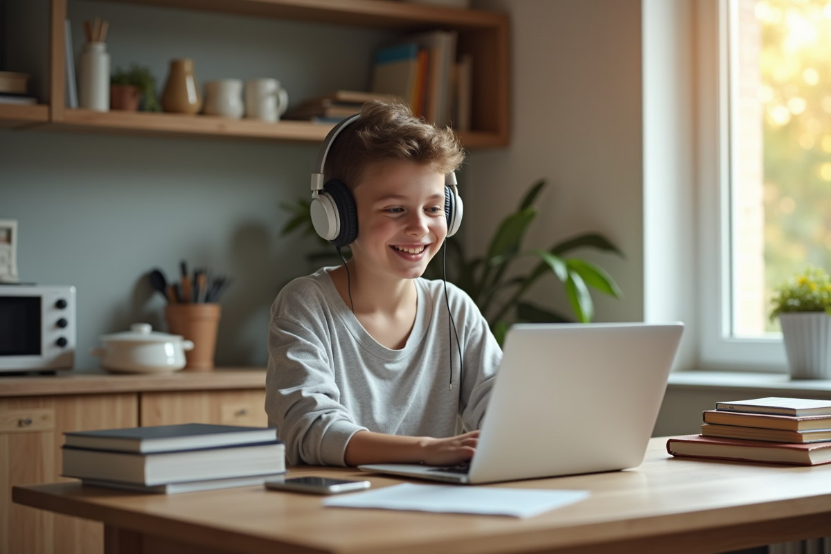 Adolescent souriant avec ordinateur et livres à la maison