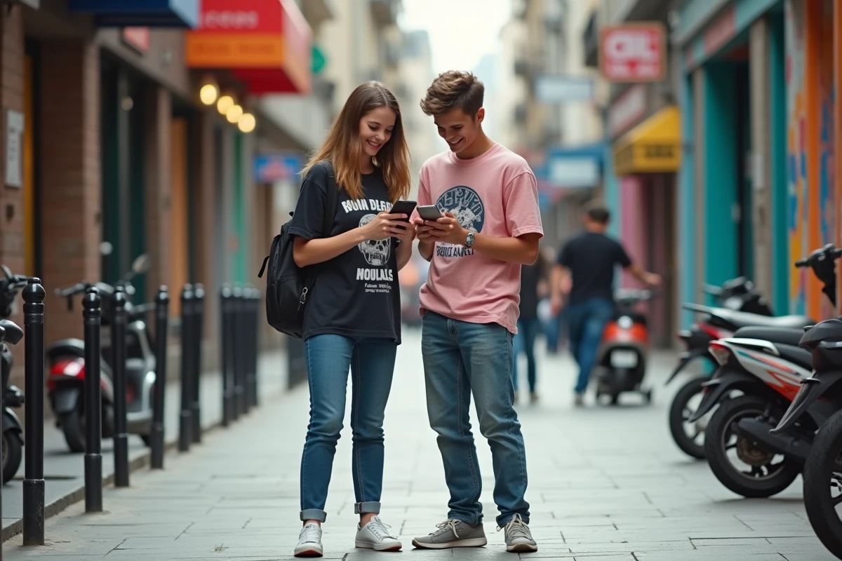 Deux adolescents riant en partageant un video viral en ville