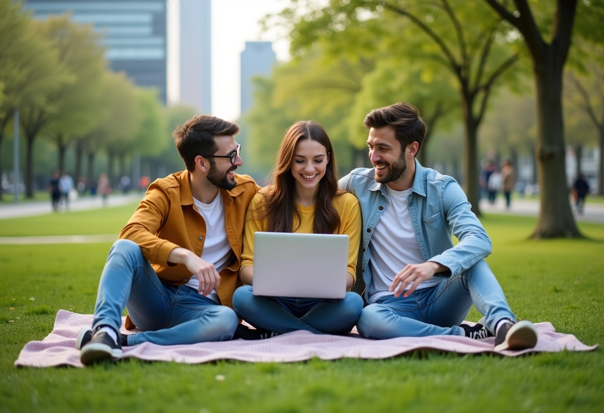 Trois amis riant lors d’un pique-nique en ville