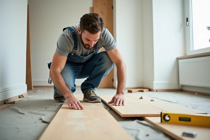 Artisan local inspectant la pose d'un parquet en bois dans un appartement en rénovation