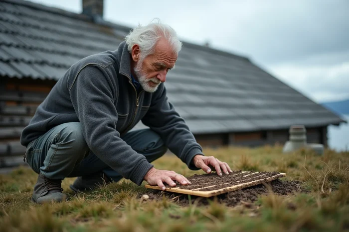 Artisan norvégien âgé posant des plaques de gazon sur un toit en herbe traditionnel, illustrant le savoir-faire ancestral de la construction nordique