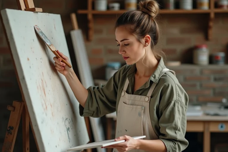 Artiste femme appliquant une texture granuleuse épaisse sur une toile avec un couteau à peindre dans un atelier aux murs en brique