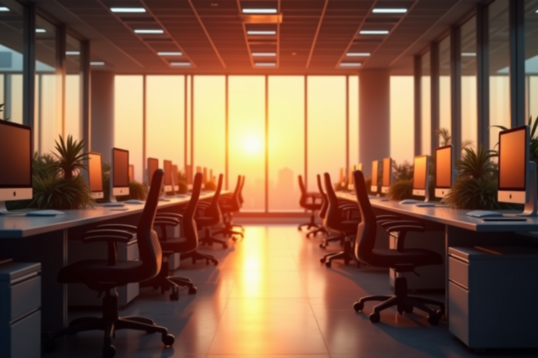 Bureau vide moderne au coucher du soleil avec lumière dorée