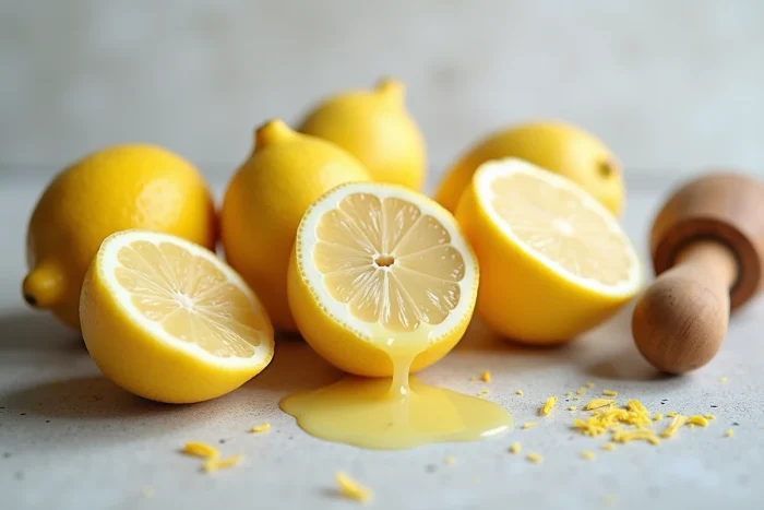 Citrons entiers et coupés en deux sur une surface en béton texturée avec un presse-agrumes en bois et du jus frais