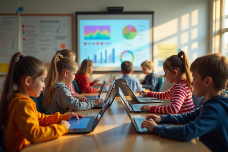 Groupe d'élèves au collège utilisant des tablettes en classe moderne