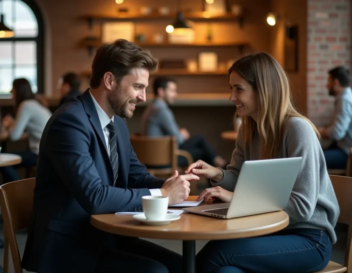 Deux professionnels collaborant sur un CV et la recherche d'emploi autour d'un café avec leurs ordinateurs portables