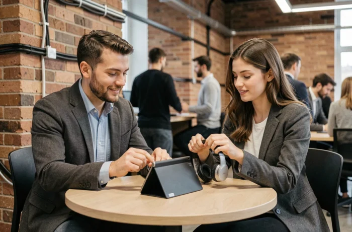 Deux collègues testant des accessoires high-tech portables dans un espace de coworking au style industriel