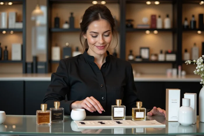 Conseillère beauté professionnelle arrangeant des flacons de parfum sur le comptoir d'une parfumerie haut de gamme