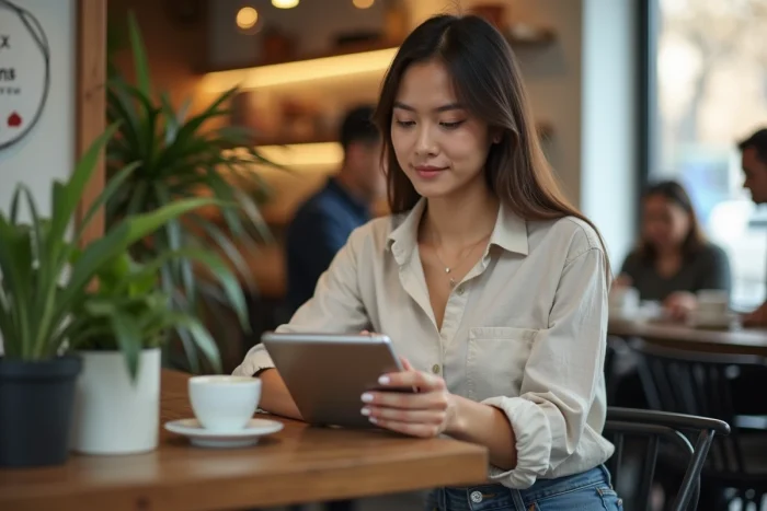 Jeune femme consultant une application d'achat en ligne sur tablette dans un café, illustrant une transaction BtoC moderne