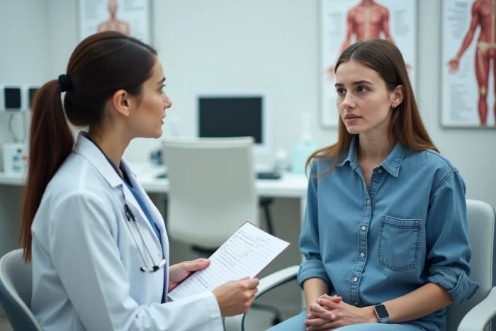 Consultation dermatologique où une jeune femme souffrant d'acné hormonale discute avec son médecin d'un traitement à base de pilule contraceptive Adepal