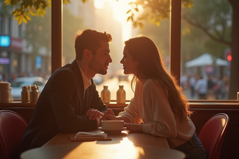 Couple celebrité assis dans un café urbain ensoleillé