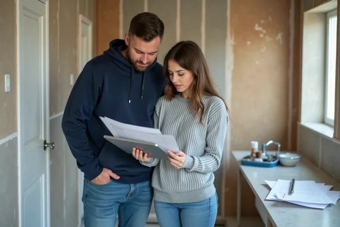 Couple comparant des devis en ligne et des propositions d'artisans dans une salle de bain en travaux