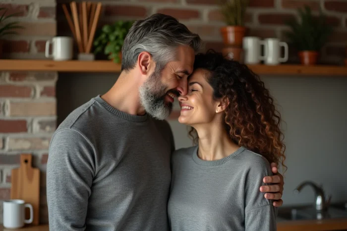 Un homme murmurant affectueusement à l'oreille d'une femme dans une cuisine chaleureuse, évoquant une expression tendre et intime