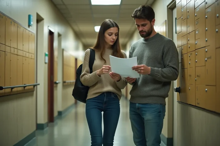 Jeune couple de locataires consultant une liste de vérification dans le couloir d'un immeuble de logement social
