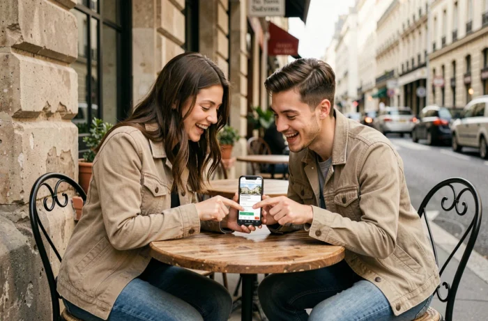 Couple cherchant un appartement sur une application immobilière en ligne depuis une terrasse de café parisien