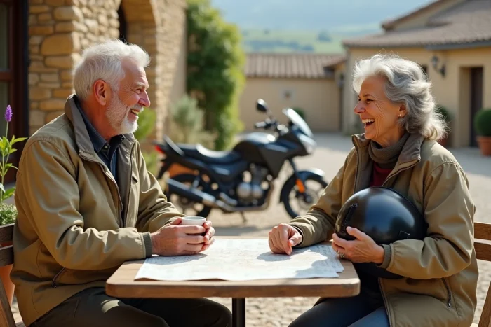 Couple de seniors en équipement moto assis en terrasse d'un café de village avec leurs motos touring garées en arrière-plan