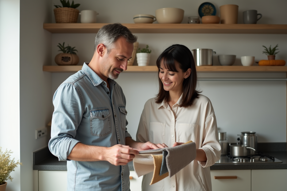 Couple discutant d echantillons de tissus dans une cuisine