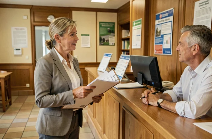 Femme déposant un dossier de déclaration préalable en mairie pour l'installation d'un abri de jardin en conteneur