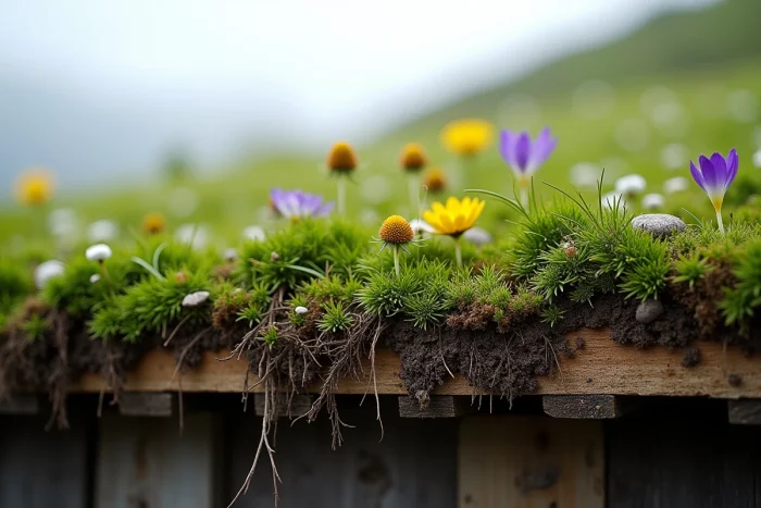 Détail en gros plan d'un toit en herbe norvégien montrant les couches de bouleau, de mousse et de fleurs sauvages dans une construction traditionnelle