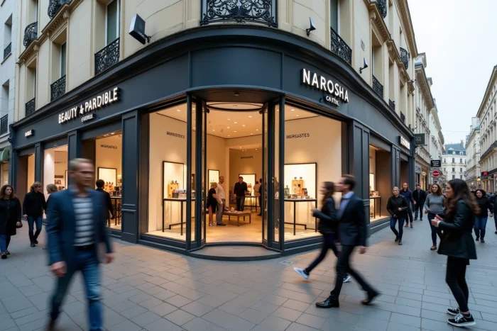 Devanture d'une parfumerie française sur une rue commerçante piétonne avec passants et façades haussmanniennes