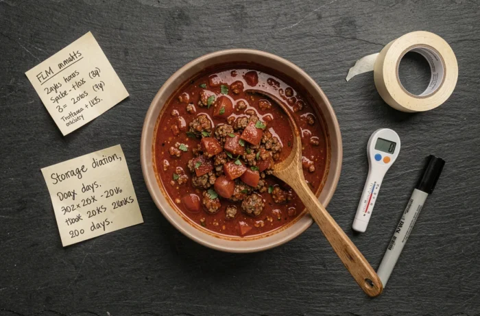 Vue aérienne d'un bol de sauce bolognaise réchauffée avec note manuscrite sur la durée de conservation au réfrigérateur