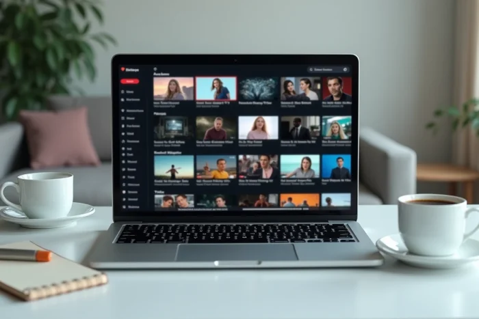 Écran d'ordinateur portable affichant une interface de téléchargement de films avec une grille de miniatures vidéo