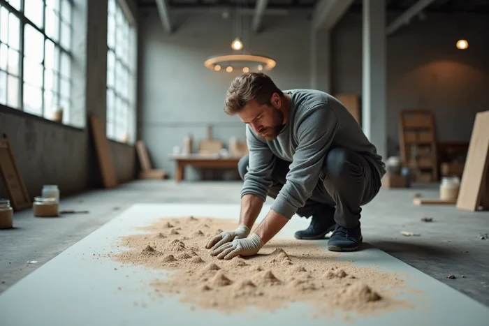 Artiste masculin incorporant du sable dans une peinture acrylique posée au sol pour créer un effet de texture granuleuse dans un loft industriel
