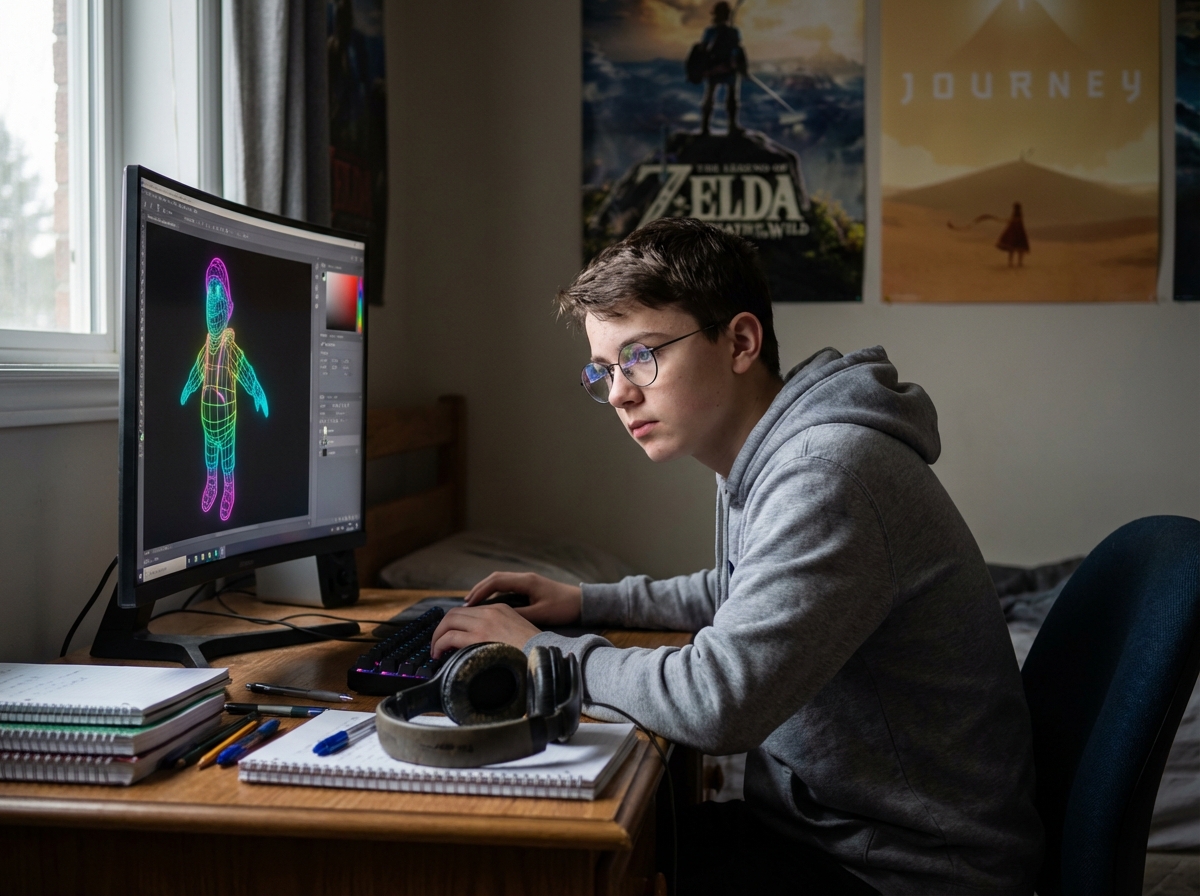 Étudiant concentré travaillant sur un modèle 3D de jeu vidéo