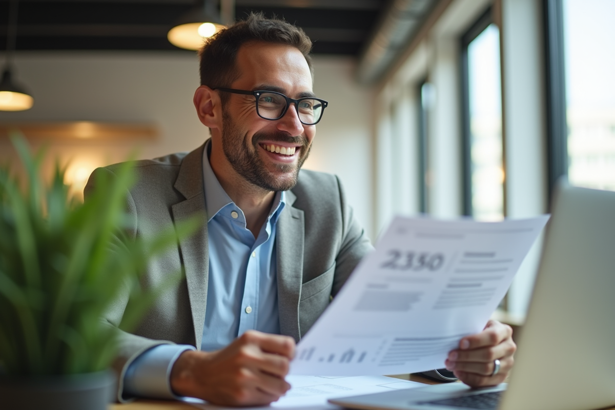 Employe confiant analysant documents financiers dans un bureau