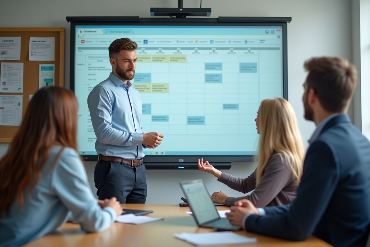 Jeune enseignant montrant une application à ses collègues dans la salle