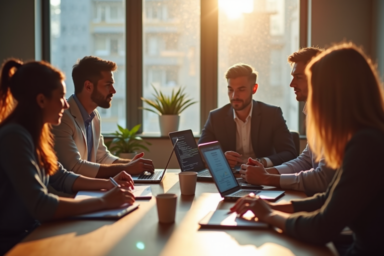 Groupe de professionnels web collaborant autour d'une table ensoleillée