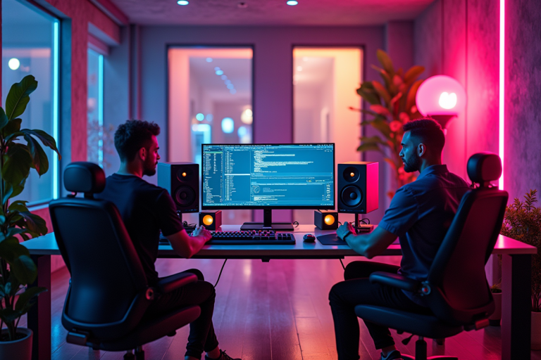 Espace de travail moderne avec ordinateur et éclairage design