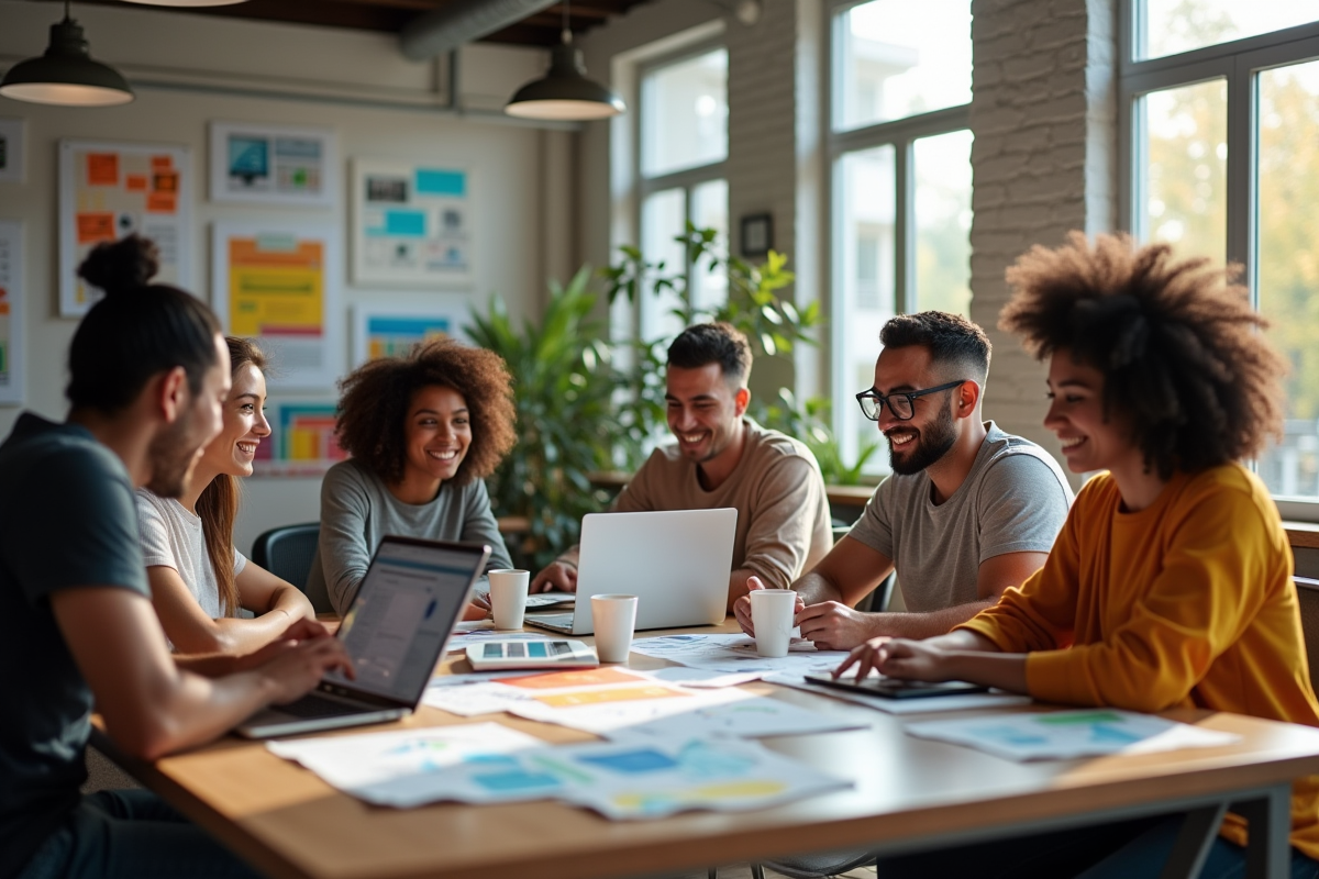 Groupe de jeunes adultes collaborant dans un espace de travail dynamique