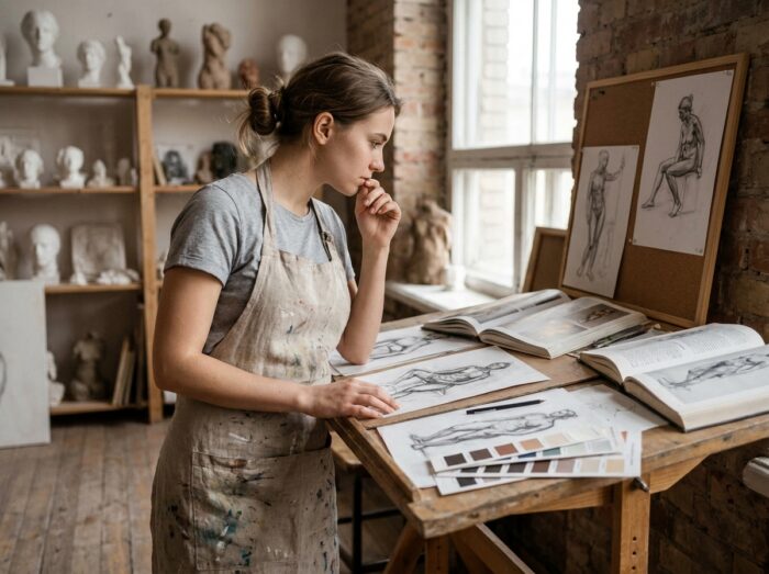 Étudiante en année préparatoire aux arts debout devant une table de dessin dans un atelier avec croquis et moulages en plâtre