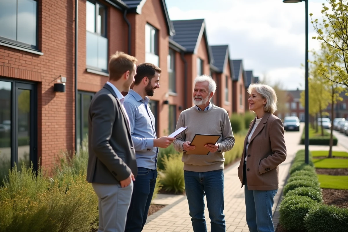 Jeune homme et couple discutant devant une maison neuve