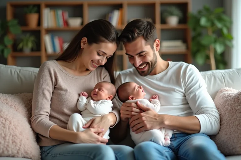 Famille avec jumeaux nouveau-nés dans un salon chaleureux
