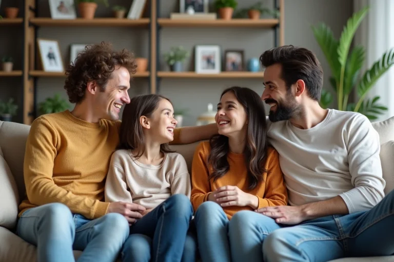 Famille assise sur un canapé en conversation chaleureuse