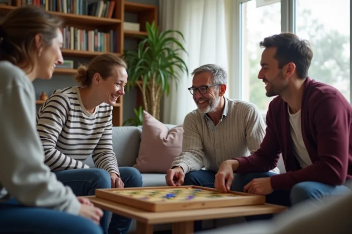 Une famille française réunie autour d'un jeu de société dans un salon moderne, représentation respectueuse et délicate de la vie familiale d'un homme politique