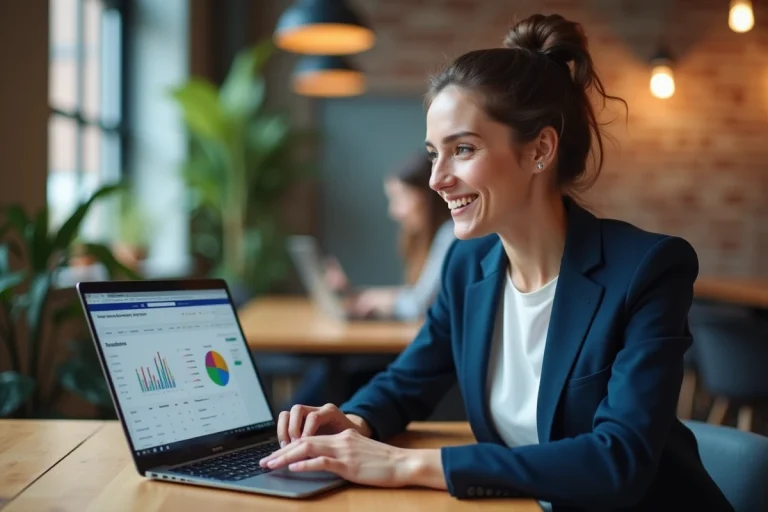 Femme professionnelle analysant des tableaux de bord de présence en ligne et de réseaux sociaux sur un ordinateur portable dans un espace de coworking moderne
