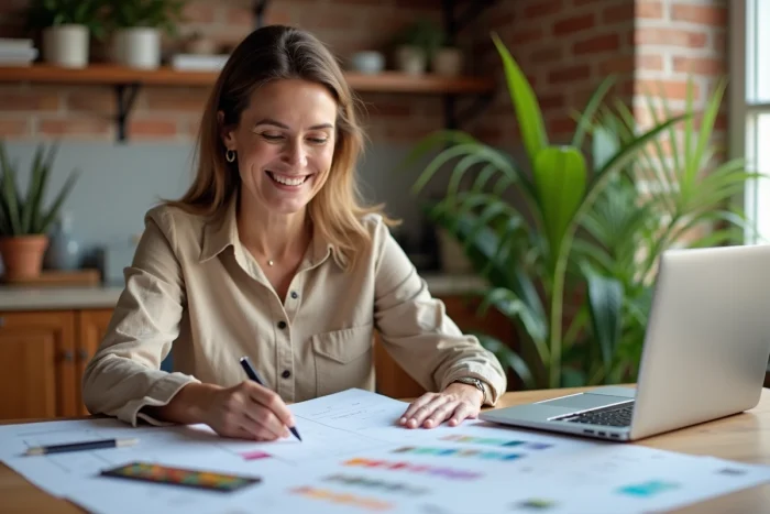 Femme souriante examinant des plans dans un appartement moderne