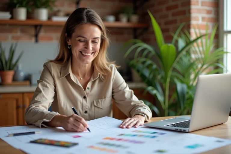 Femme souriante examinant des plans dans un appartement moderne
