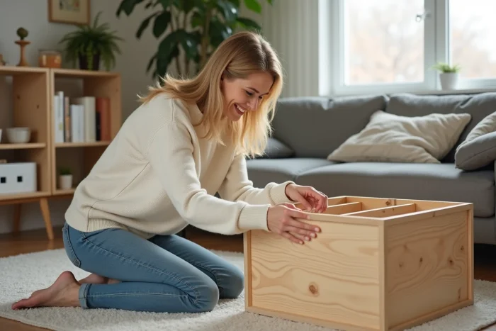Femme en jean et pull crème assemble un meuble en bois
