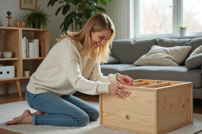 Femme en jean et pull crème assemble un meuble en bois
