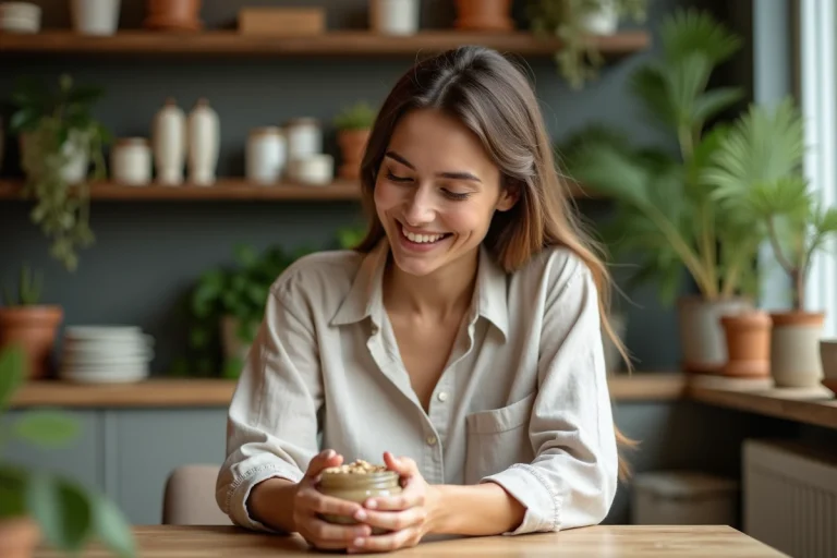 Femme testant un gommage corporel bio dans un intérieur naturel