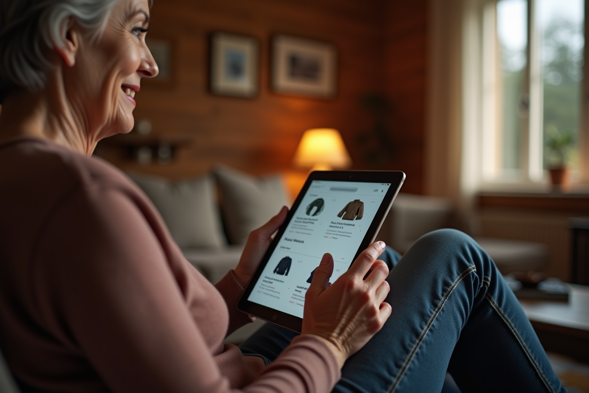 Femme âgée naviguant sur une tablette dans un salon chaleureux