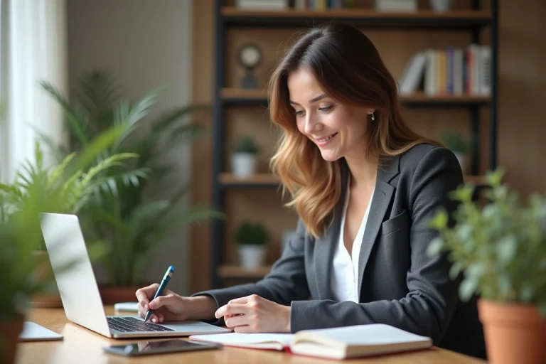 Femme en blazer dans un bureau lumineux et organisé