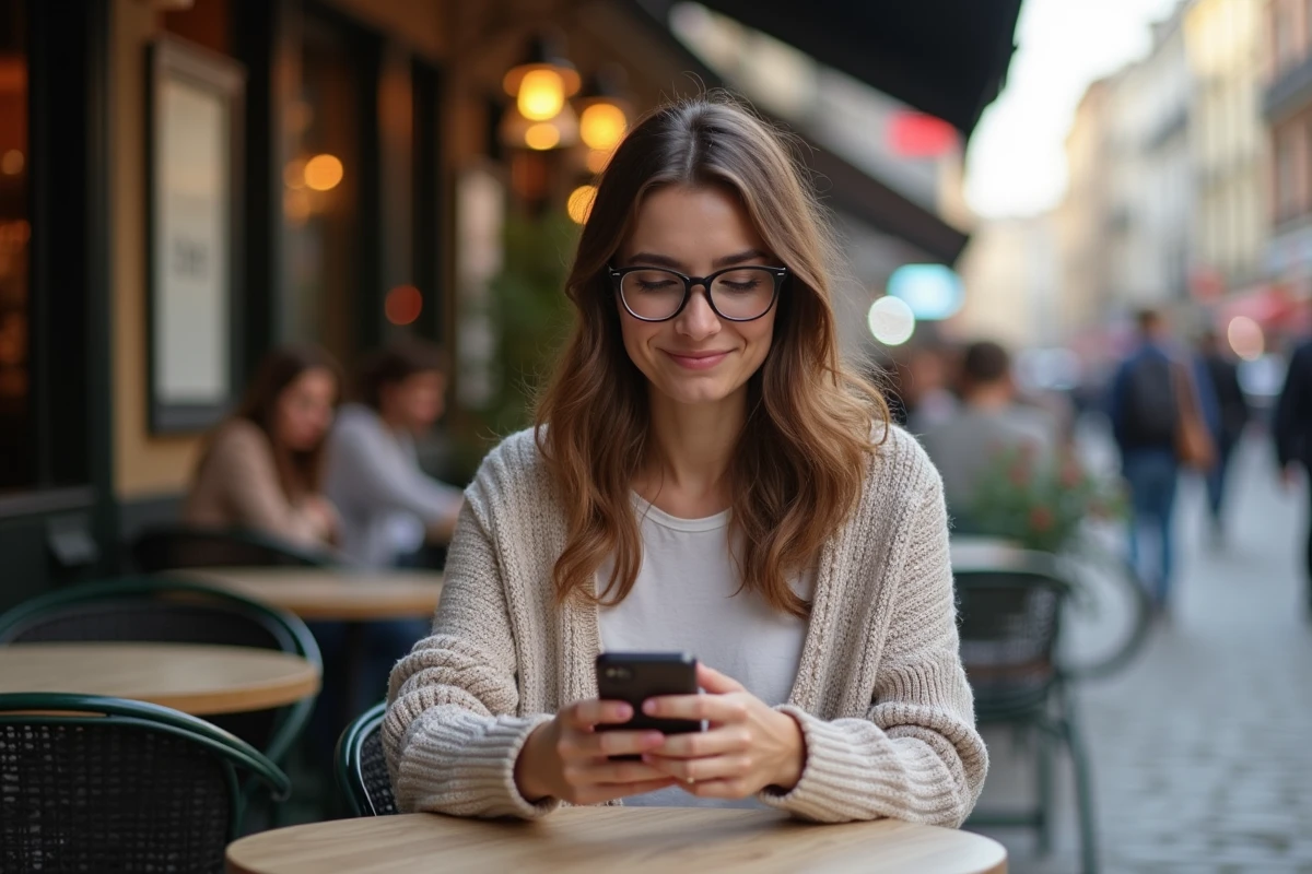 Femme détendue utilisant son smartphone dans un café en ville
