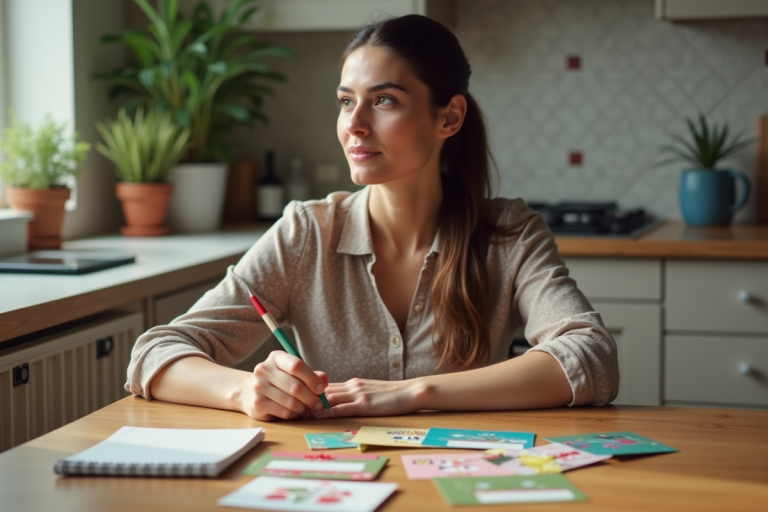 Femme examinant des cartes cadeaux colorées dans la cuisine chaleureuse